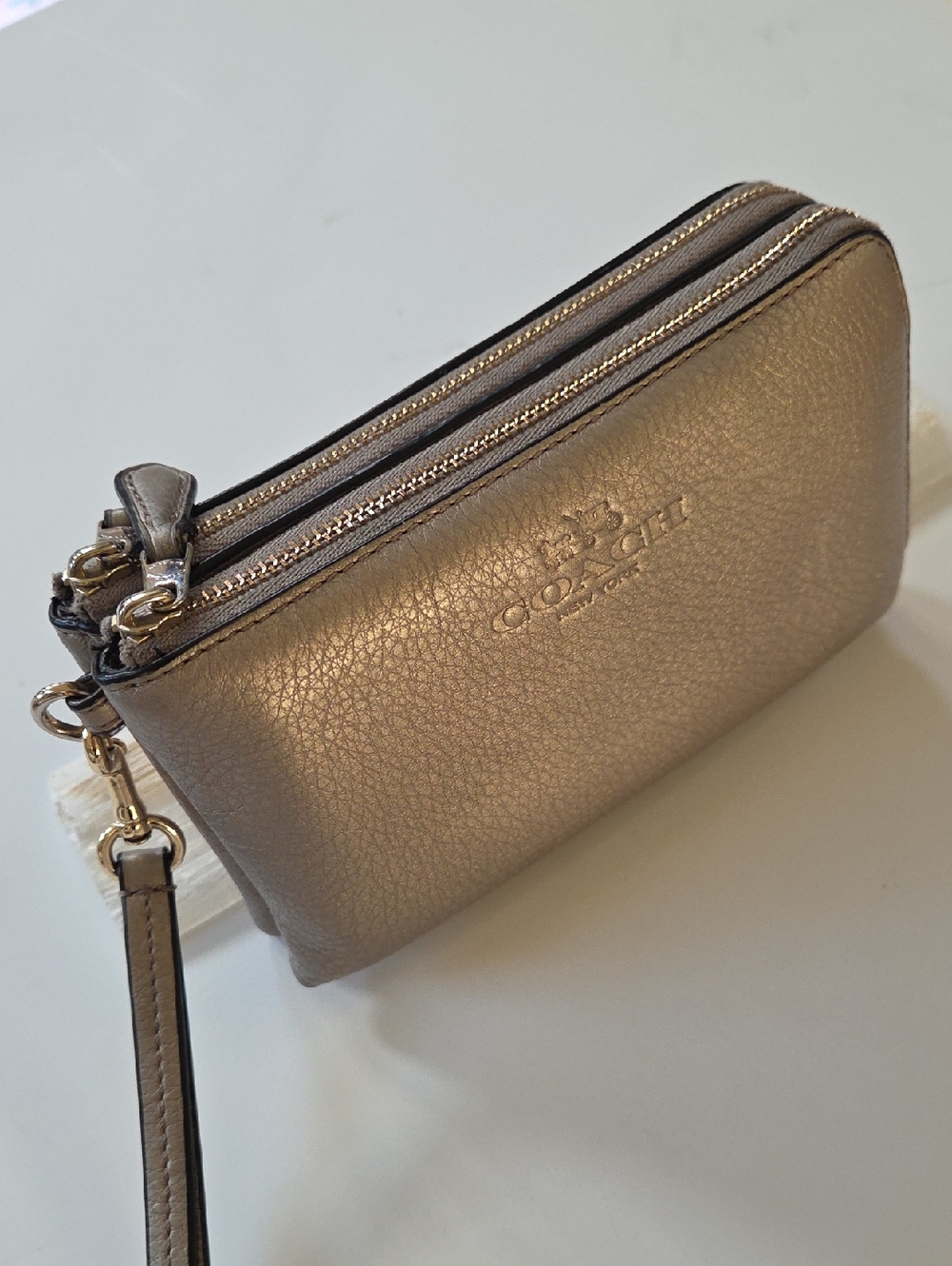 Coach Leather Metallic Double Zip Wristlet!